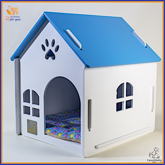 Cuccia a forma di casetta per cane o gatto da interno con tetto azzurro e cuscino colorato