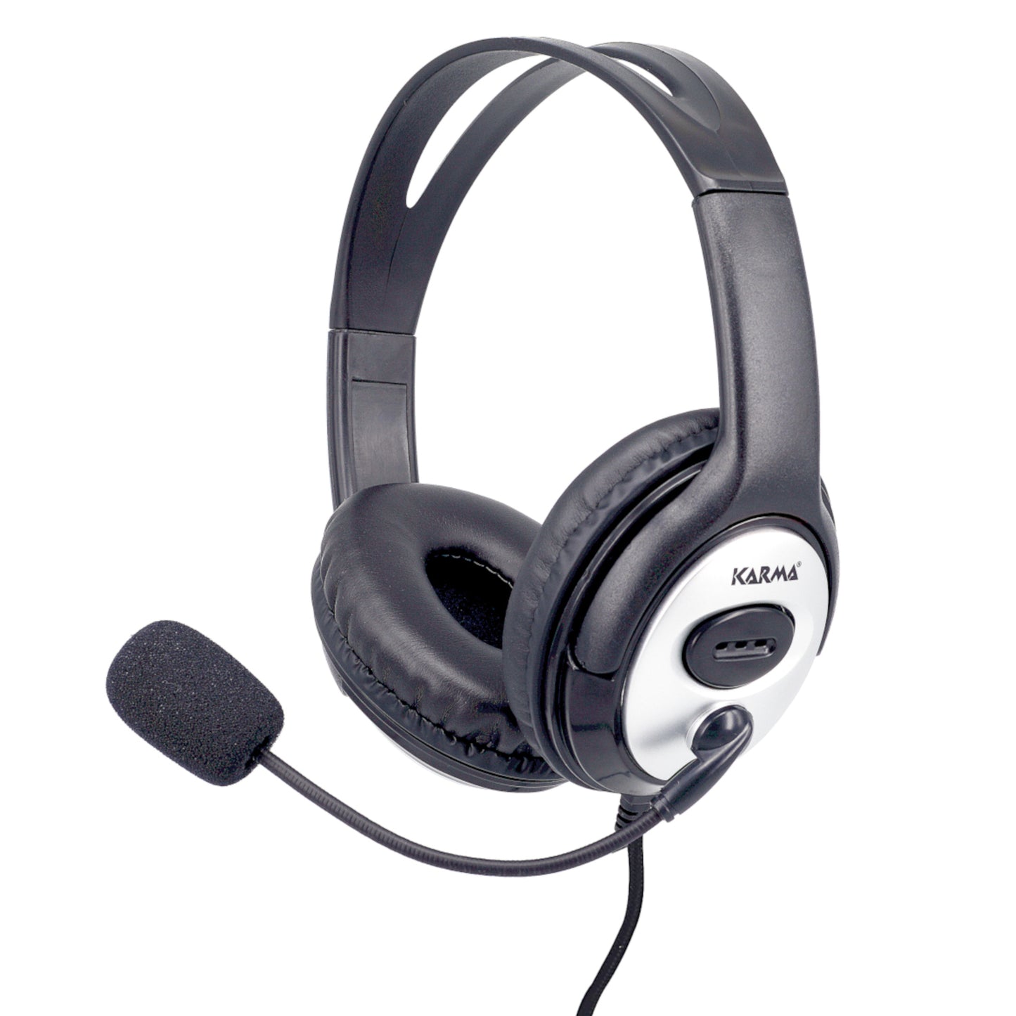 Cuffia con microfono a condensatore Karma per call center e didattica, colore nero, padiglioni in pelle sintetica e jack universale da 3,5mm.