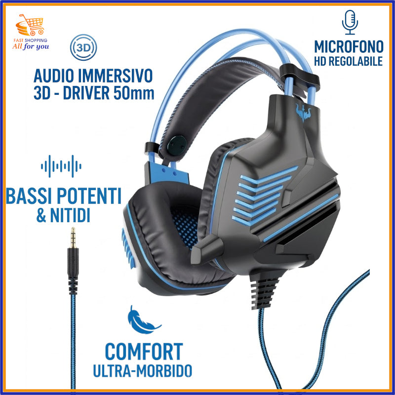 Cuffie gaming OVLENG OV-P10 nere e blu con audio 3D e driver 50mm.