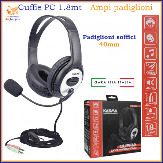 Cuffie con microfono per PC Karma modello PC 002, con cavo da 1.8 metri e padiglioni morbidi da 40mm. L'immagine mostra il prodotto e la sua confezione.