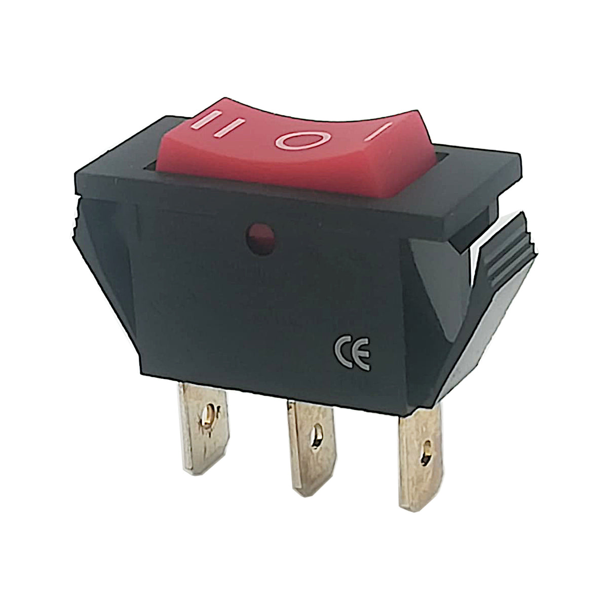 Deviatore a bilanciere unipolare (ON)-OFF-(ON) con tasto rosso, corpo nero e terminali Faston da 6.3mm per montaggio da pannello