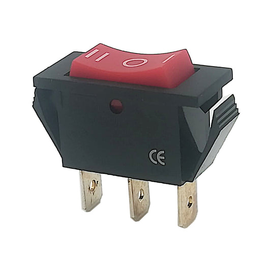Deviatore a bilanciere unipolare (ON)-OFF-(ON) con tasto rosso, corpo nero e terminali Faston da 6.3mm per montaggio da pannello