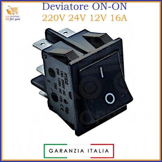 Deviatore a bilanciere ON-ON bipolare nero con terminali Faston 6.3mm, 16A 250V, per circuiti 12V 24V 220V.