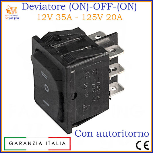 Deviatore bipolare a bilanciere (ON)-OFF-(ON) nero 12V 35A con autoritorno e certificazione CE