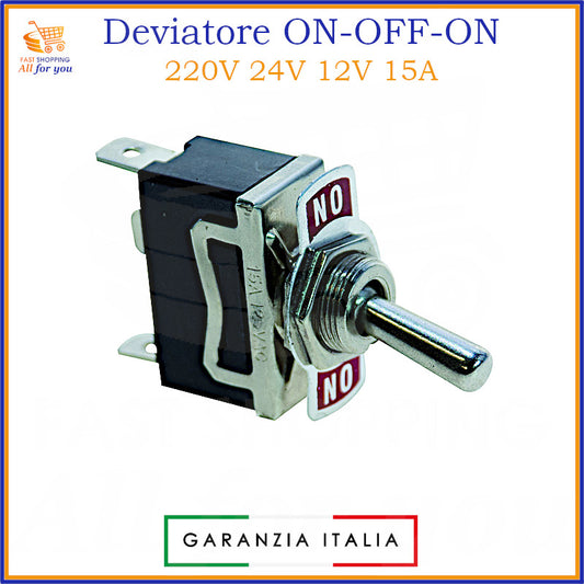 Deviatore a leva unipolare ON-OFF-ON con terminali Faston 6.3mm, 15A 125V / 10A 250V, per 12V 24V 220V.