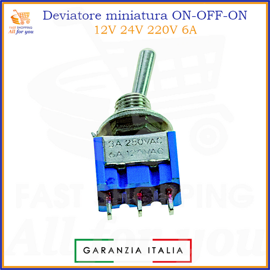 Deviatore miniatura ON-OFF-ON a leva 3 pin per circuiti 12V 24V 220V 6A, con terminali a saldare.