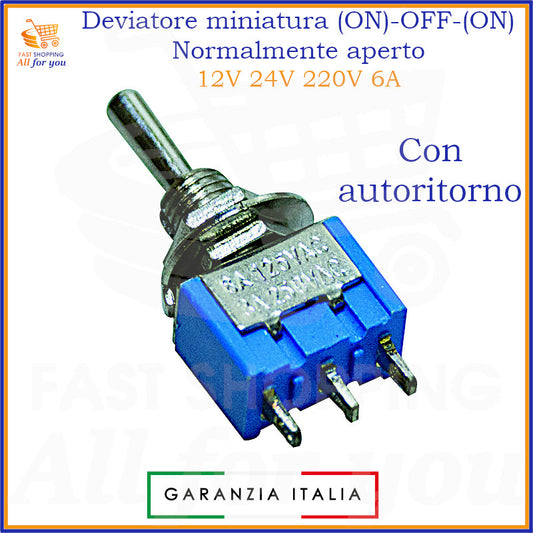 Deviatore miniatura (ON)-OFF-(ON) con autoritorno, a leva, 3 pin, normalmente aperto, 12V 24V 220V 6A.