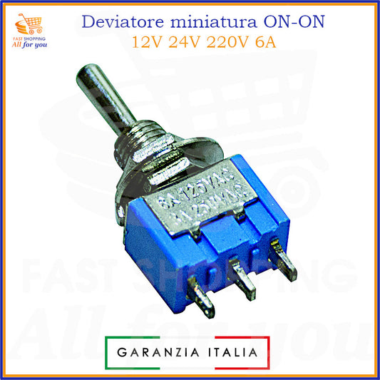 Deviatore miniatura ON-ON a leva 3 pin per montaggio su circuito stampato (PCB), compatibile 12V 24V 220V 6A.