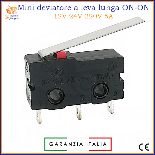 Deviatore subminiatura a leva lunga ON-ON, microswitch 250V 5A, con certificazione CE
