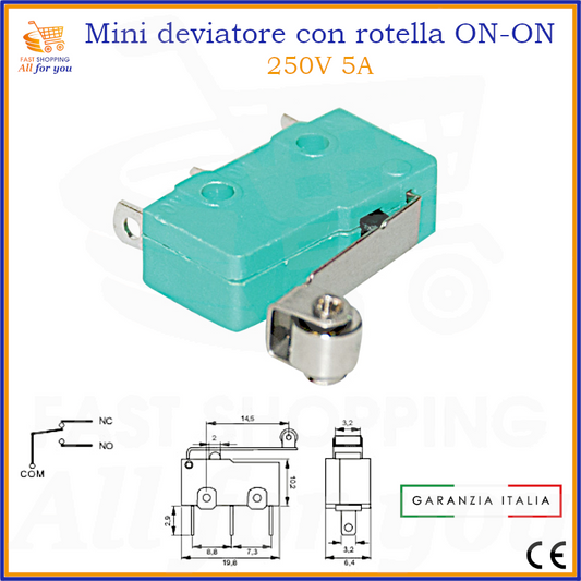 Deviatore subminiatura a leva con rotella ON-ON, 250V 5A, colore verde acqua, per attacco a saldare