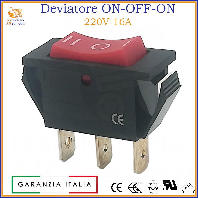 Deviatore a bilanciere unipolare ON-OFF-ON rosso 220V 16A