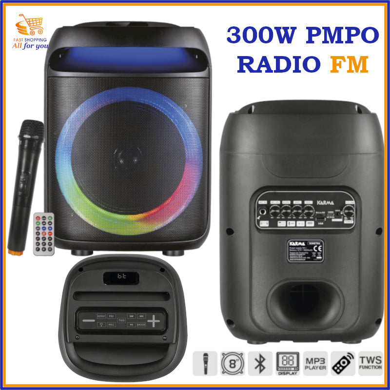 Diffusore amplificato portatile Karma Sonetra con anello LED RGB, radiomicrofono wireless e telecomando.