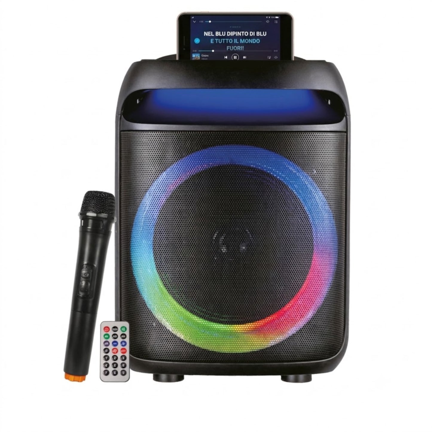 Diffusore amplificato portatile Karma Sonetra da 8 pollici con luci LED RGB, radiomicrofono wireless e telecomando, ideale per karaoke e feste.