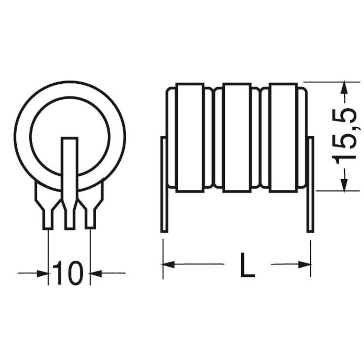 Disegno tecnico con quote dimensionali della batteria ricaricabile Ni-Mh 3.6V 80mAh per circuito, che mostra l'interasse contatti di 10 mm e l'altezza di 15.5 mm.