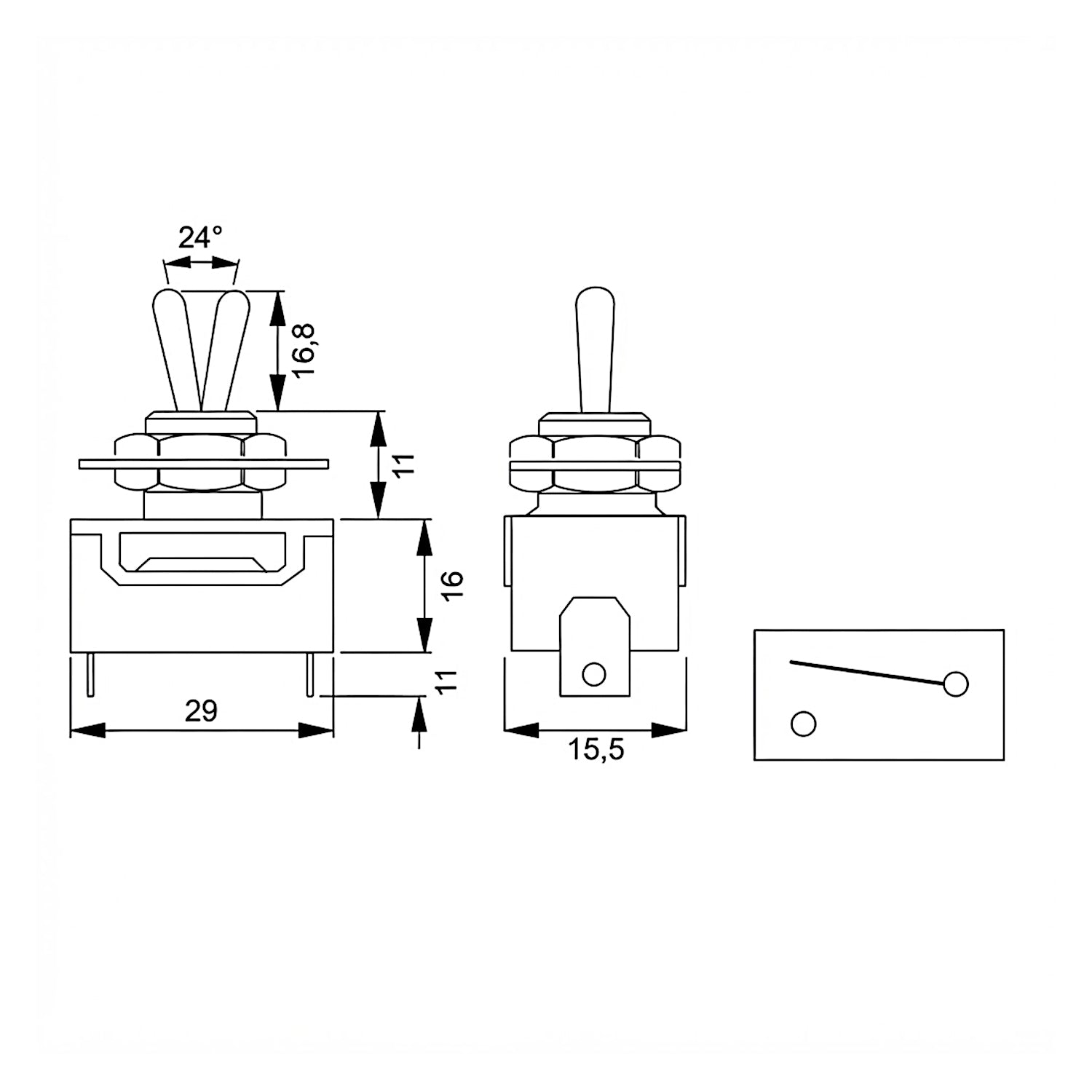 Disegno tecnico con quote dimensionali dell'interruttore a leva 15A ON-OFF, che mostra la lunghezza di 29 mm, la larghezza di 15,5 mm e le misure della leva.