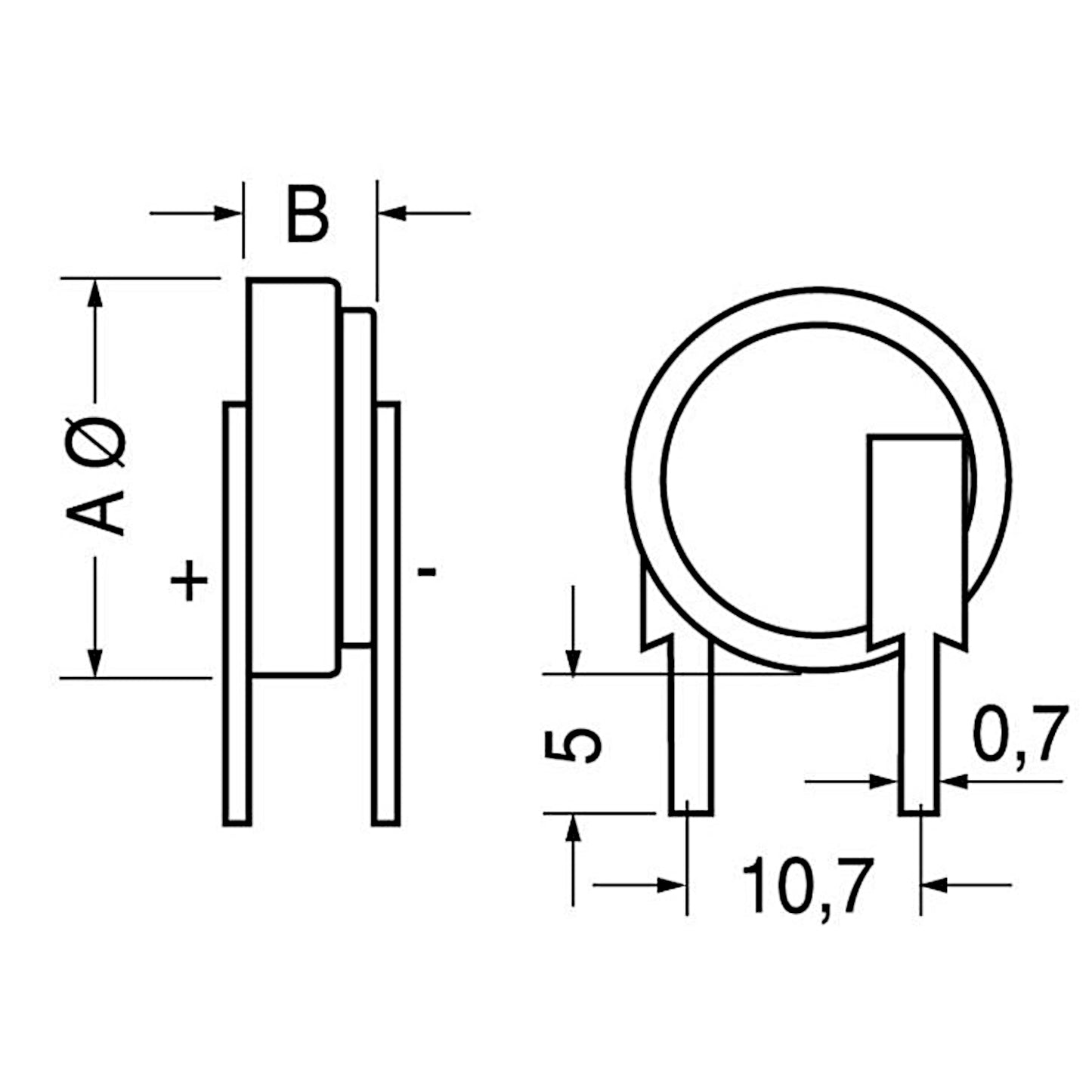 Disegno tecnico con quote dimensionali della pila al litio CR2032 verticale, che mostra il diametro A di 21 mm, lo spessore B di 3.2 mm e l'interasse dei pin.
