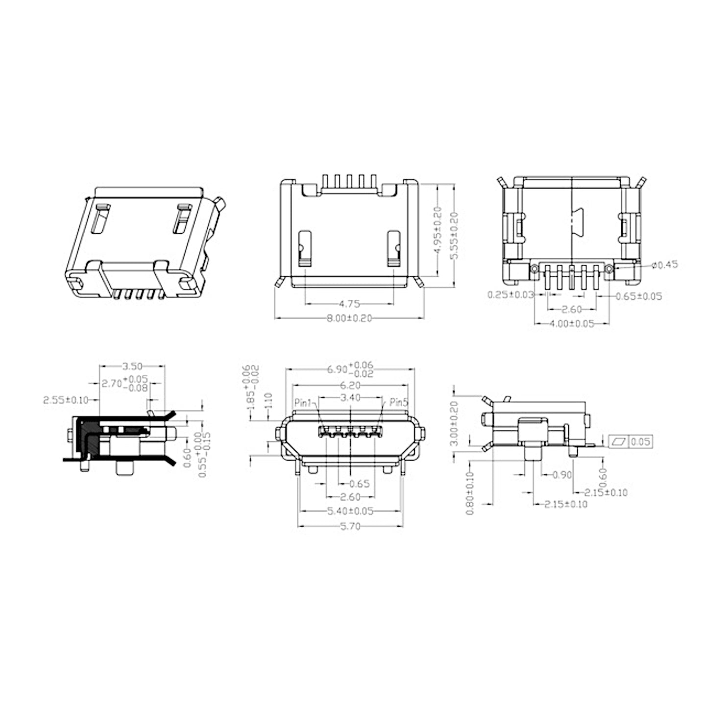 Disegno tecnico con quote dimensionali della presa Micro USB femmina da pannello per circuito stampato, che mostra le misure e la disposizione dei pin.