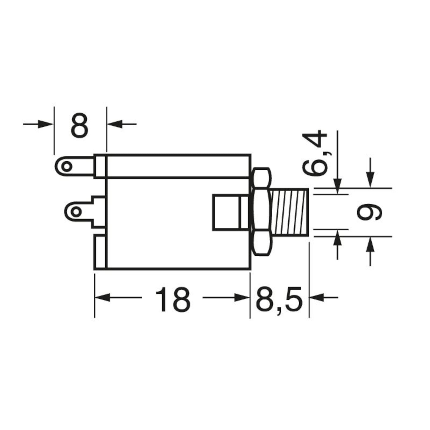 Disegno tecnico con quote dimensionali della presa jack audio mono 6.3mm da pannello, evidenziando la lunghezza del corpo di 18mm e il diametro della filettatura.