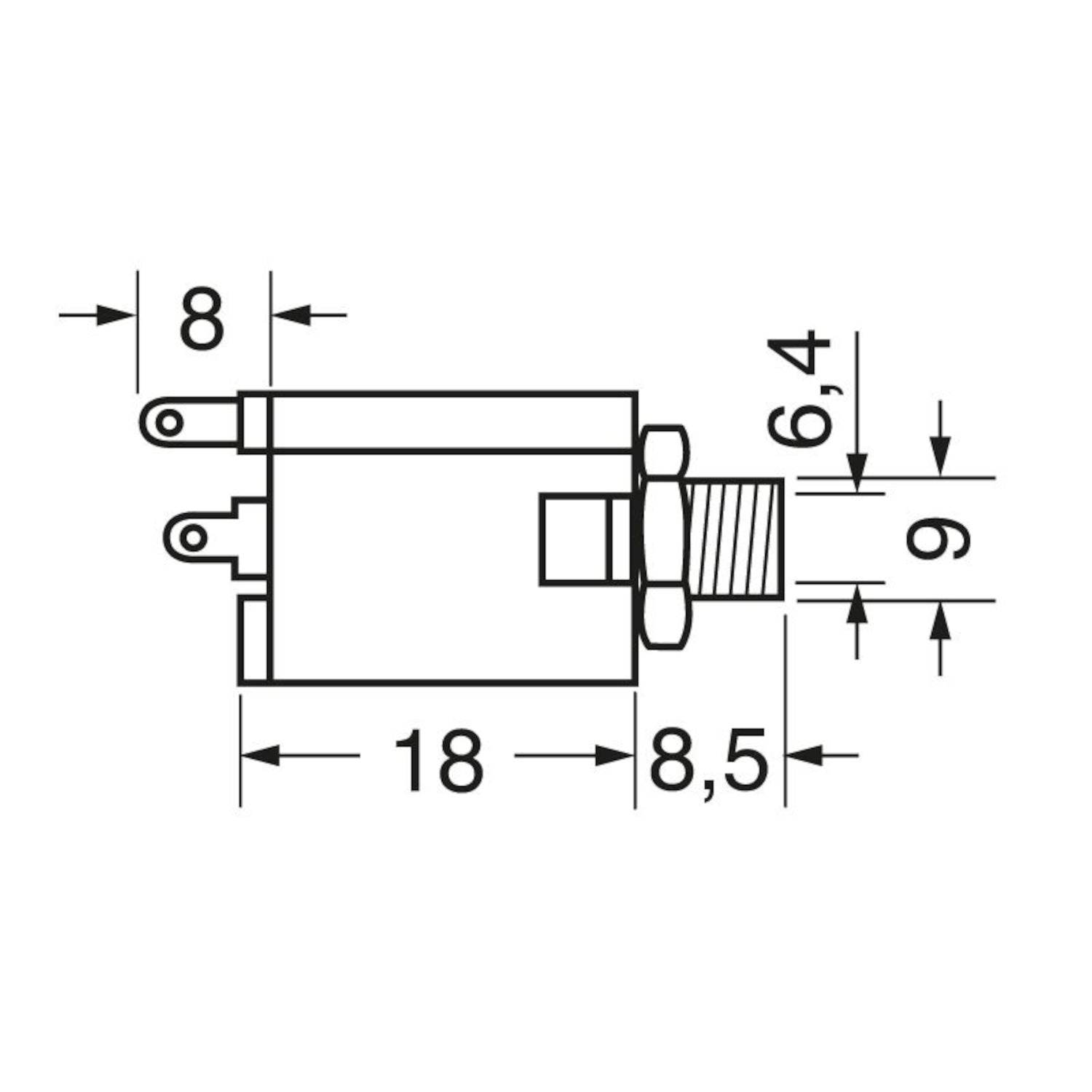 Disegno tecnico con quote dimensionali della presa jack audio mono 6.3mm da pannello, evidenziando la lunghezza del corpo di 18mm e il diametro della filettatura.