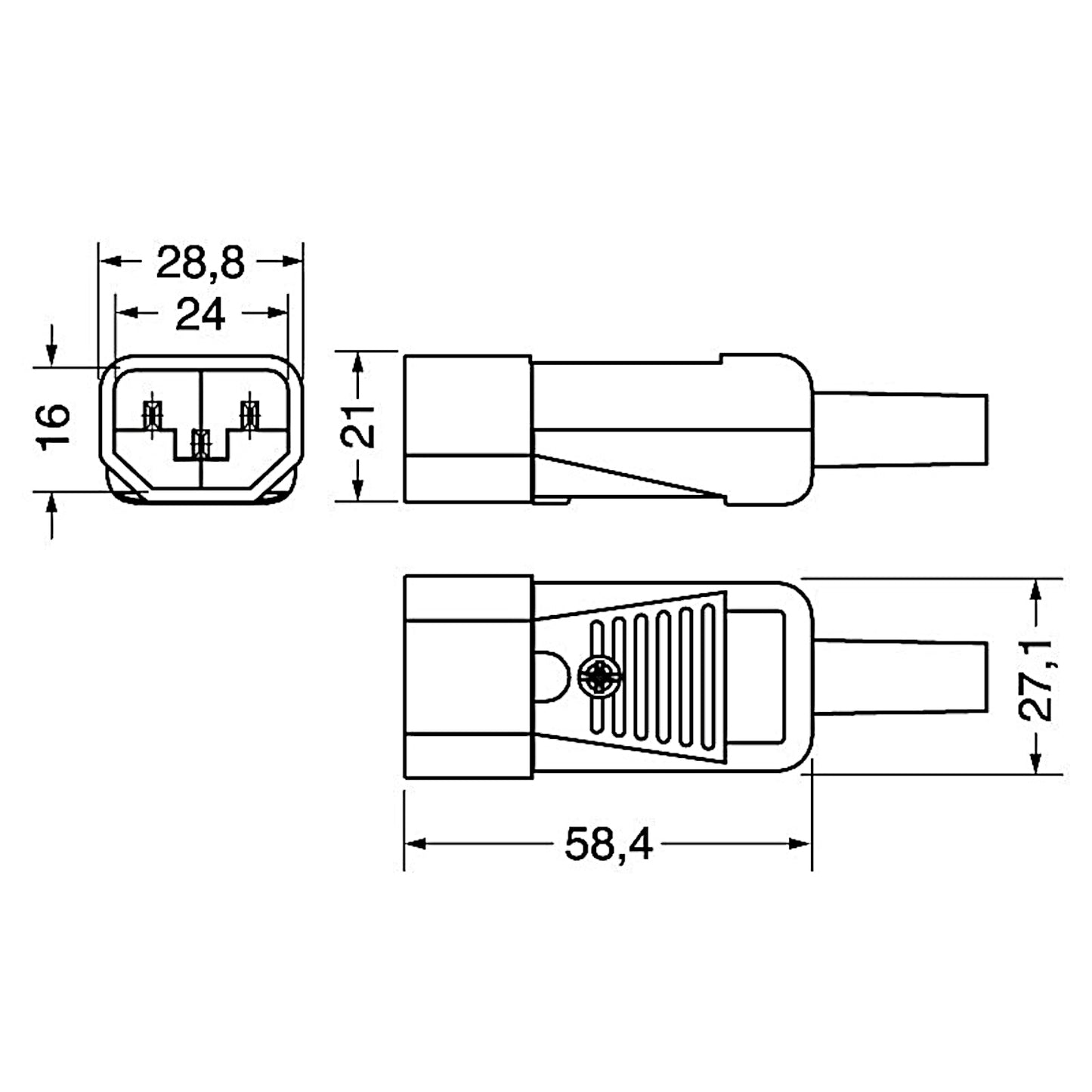 Disegno tecnico con quote dimensionali della spina tripolare C14 volante, che mostra la lunghezza totale di 58.4 mm e le altre misure del corpo.