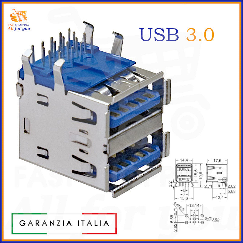 Doppia presa USB 3.0 Tipo A blu, montaggio a 90 gradi per circuito stampato, con corpo metallico.