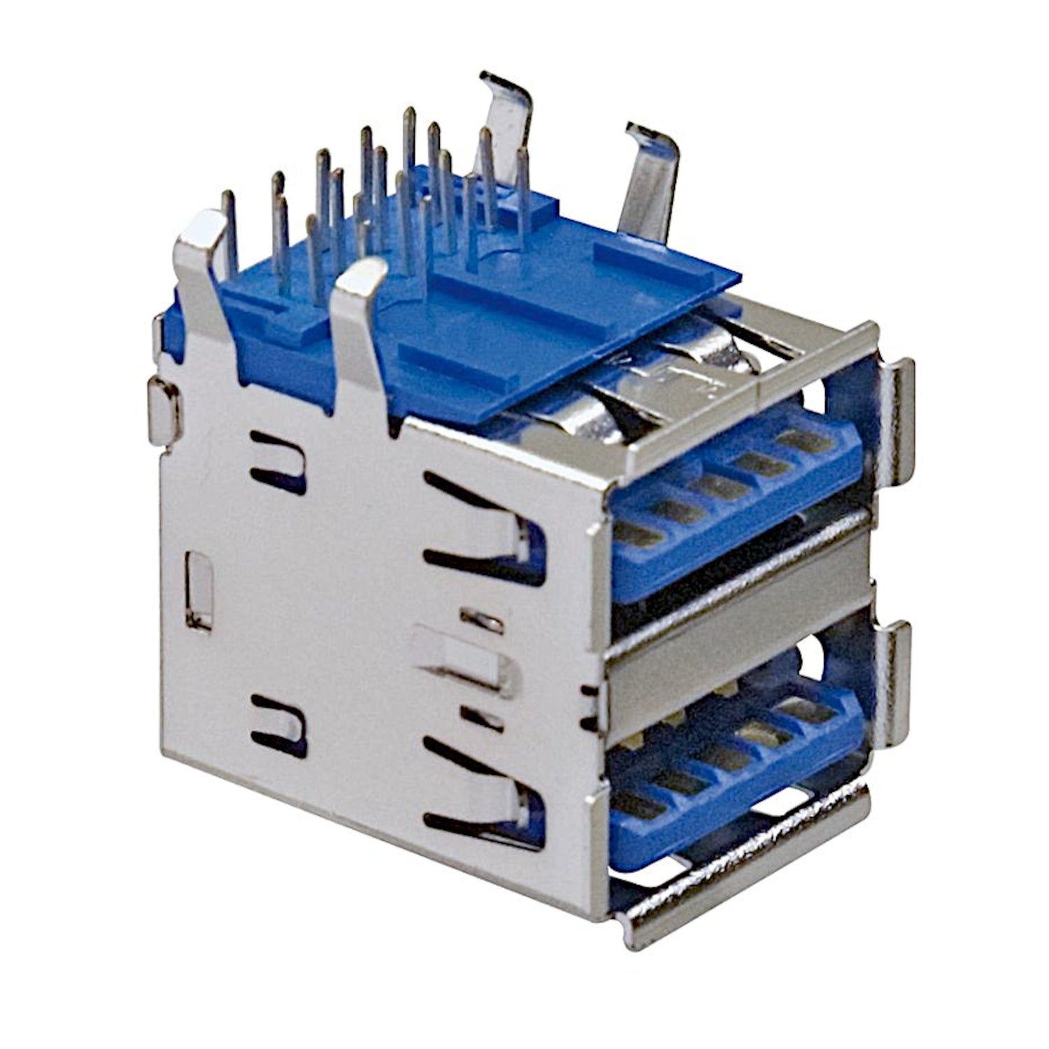 Doppia presa USB 3.0 tipo A femmina a 90 gradi per circuito stampato PCB, con corpo schermato in ottone nichelato, ideale per riparazioni e dispositivi elettronici.