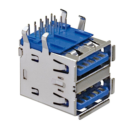 Doppia presa USB 3.0 tipo A femmina a 90 gradi per circuito stampato PCB, con corpo schermato in ottone nichelato, ideale per riparazioni e dispositivi elettronici.