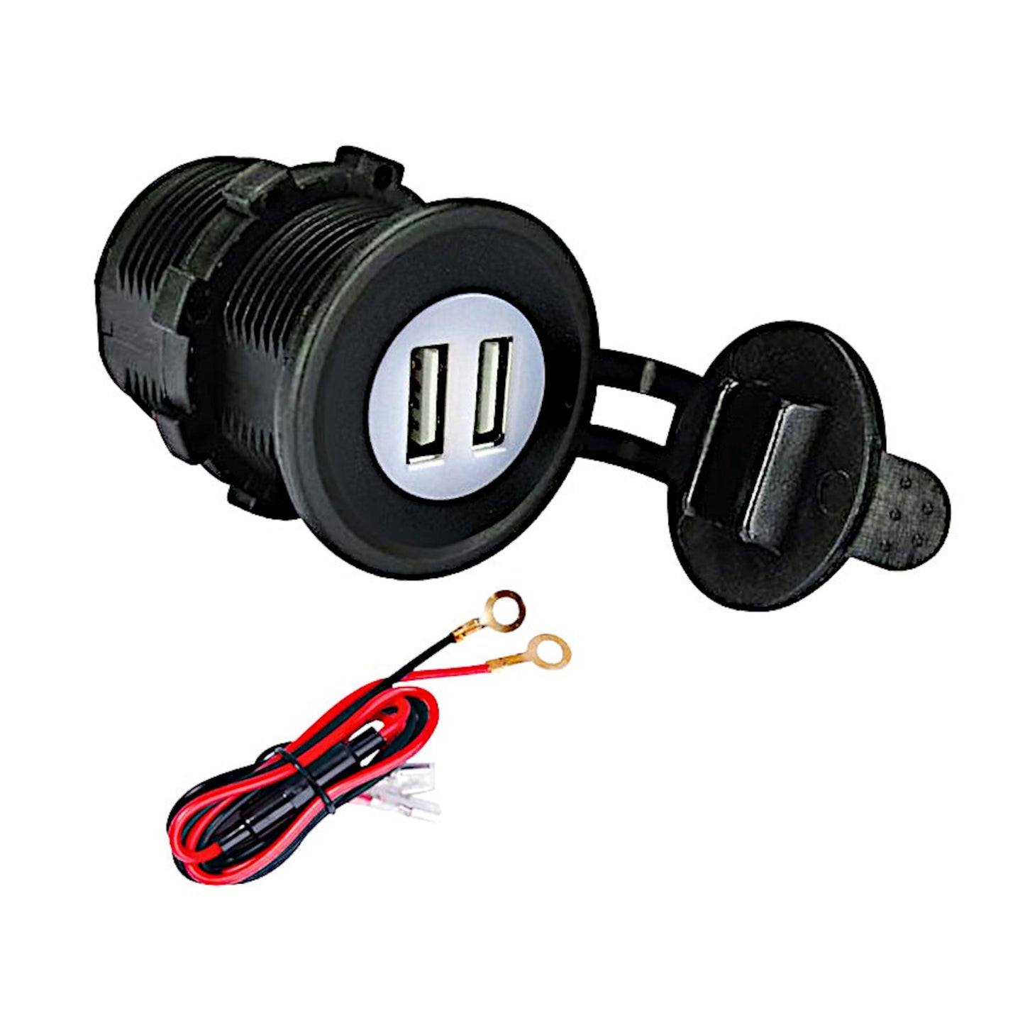 Doppia presa USB da pannello 12V/24V impermeabile con tappo in silicone e cavetti di collegamento, ideale per moto, camper, auto e barche.