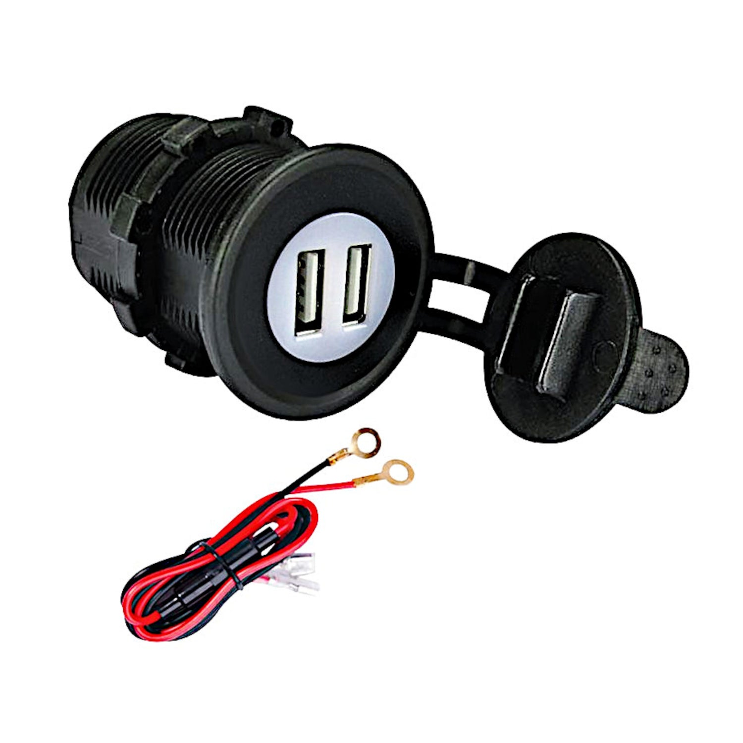 Doppia presa USB da pannello 12V/24V impermeabile con tappo in silicone e cavetti di collegamento, ideale per moto, camper, auto e barche.