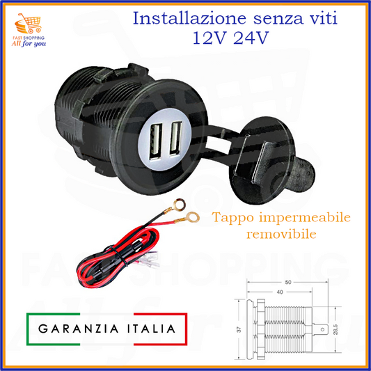 Doppia presa USB da incasso per auto, moto, barca, camper 12V 24V con tappo impermeabile e cavetti.