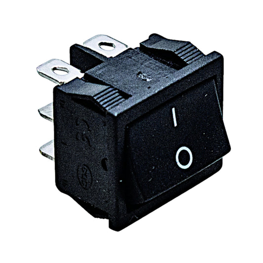 Doppio deviatore a bilanciere ON-ON bipolare 6A con terminali Faston 4.8mm e corpo in termoplastica nera T85