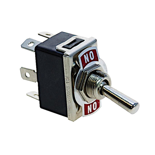 Doppio deviatore a levetta ON-ON bipolare 15A con terminali Faston 6.3mm, placchetta indicatrice e corpo in termoplastica