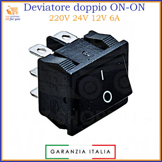 Doppio deviatore a bilanciere ON-ON bipolare nero con terminali Faston 4.8mm, 6A 250Vac, per circuiti 12V 24V 220V.