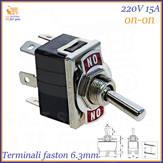 Doppio deviatore a leva ON-ON bipolare con terminali Faston 6.3mm, 15A 125V / 10A 250V, per 12V 24V 220V.