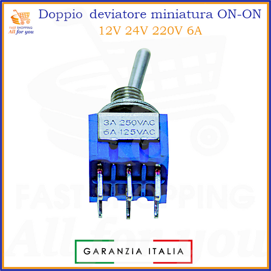 Doppio deviatore miniatura ON-ON a leva bipolare per montaggio su circuito stampato (PCB), compatibile 12V 24V 220V 6A.
