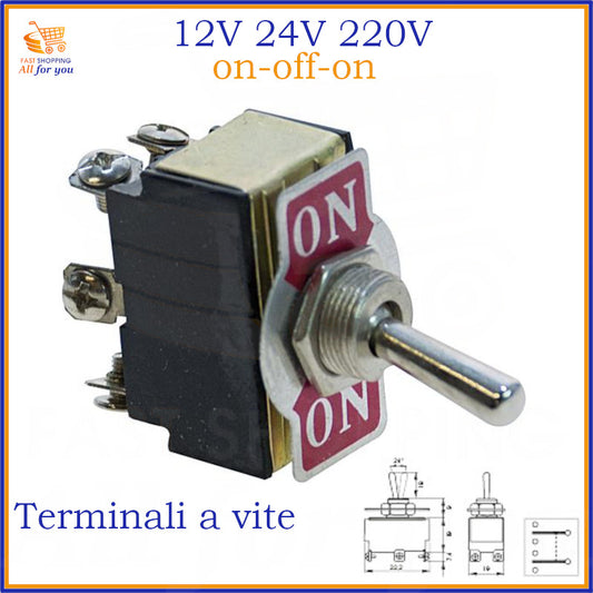 Doppio deviatore a leva ON-OFF-ON bipolare con terminali a vite, per circuiti 12V 24V 220V 15A.