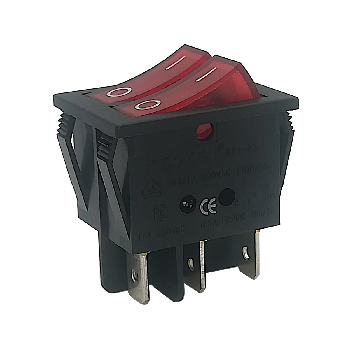 Doppio interruttore a bilanciere luminoso rosso ON-OFF bipolare 16A con terminali Faston 6.3mm e corpo in ABS