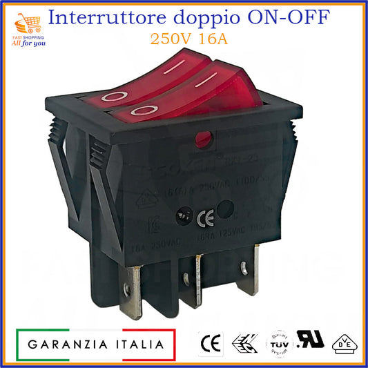 Doppio interruttore a bilanciere luminoso rosso ON-OFF bipolare con terminali Faston 6.3mm, 16A 250V, per pannello.
