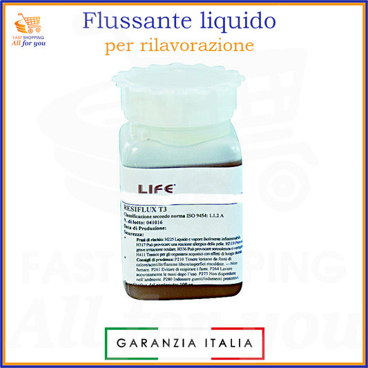 Flacone di flussante liquido Resiflux T3 da 100cc per saldatura e rilavorazione. L'etichetta mostra il nome del prodotto, le avvertenze di sicurezza e la capacità. Il flacone è di colore marrone scuro con tappo bianco.