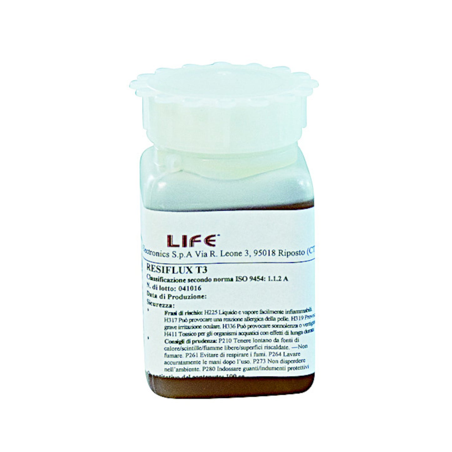 Flussante liquido Resiflux T3 da 100cc a base resina in flacone con tappo dosatore a marchio Life, ideale per saldature e rework di precisione su schede PCB.