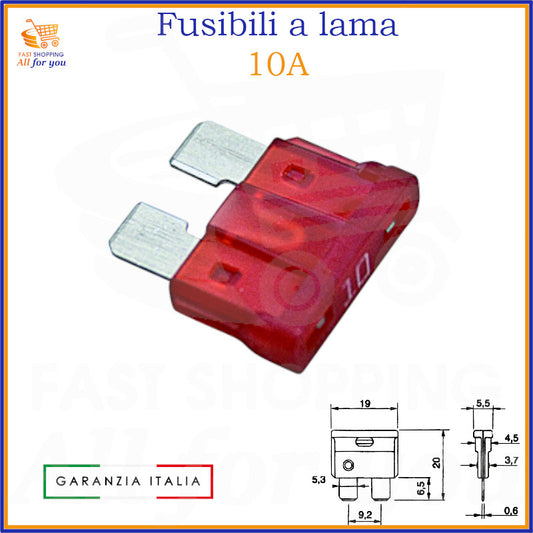 Fusibile a lama 10A rosso per auto, moto e camper – formato 19mm con terminali metallici