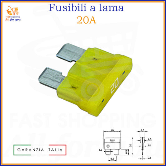 Fusibile a lama 20A giallo da 19mm per auto, moto e camper – ricambio elettrico standard