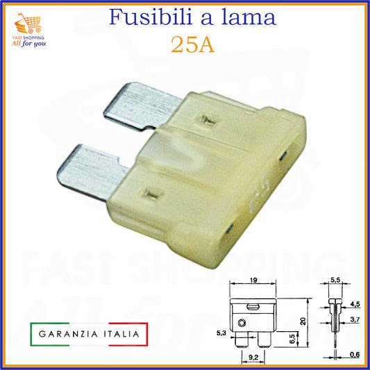 Fusibile a lama 25A trasparente neutro da 19mm per auto, camper e moto