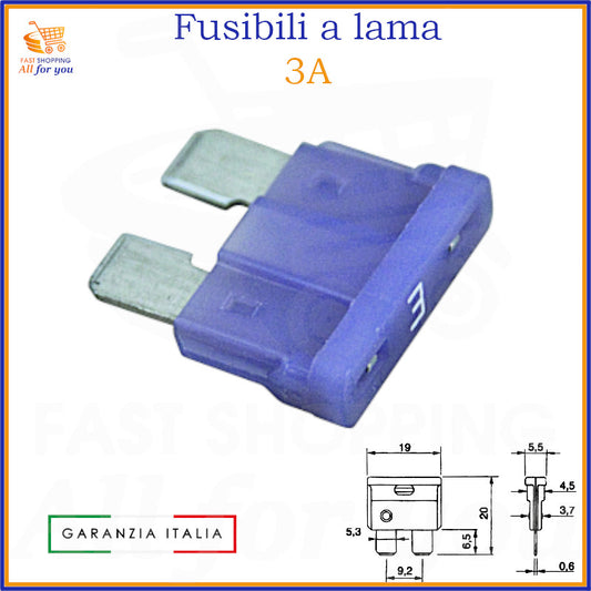 Fusibile a lama da 3A colore violetto per auto, moto, camper – formato 19mm con terminali metallici