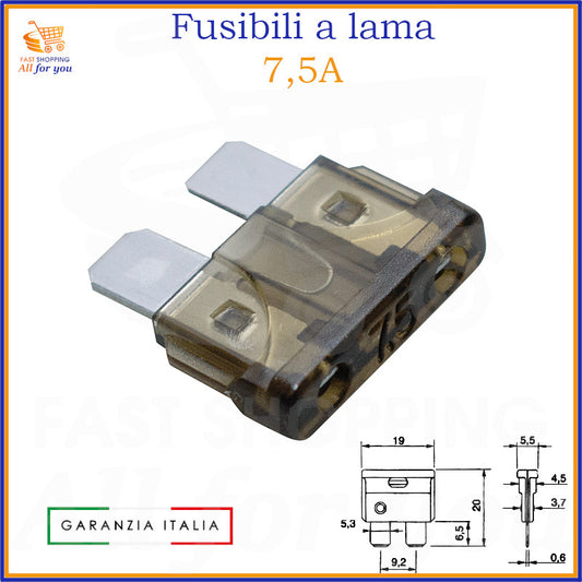 Fusibile a lama 7,5A marrone per auto, moto e camper – formato 19mm con terminali metallici