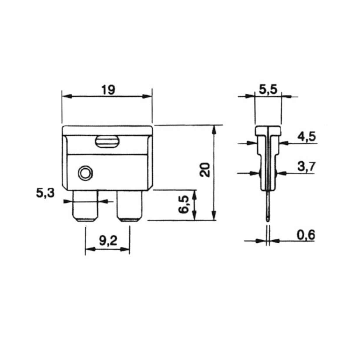 Schema tecnico quotato con dimensioni fisiche e interasse pin per fusibile a lama standard 5A