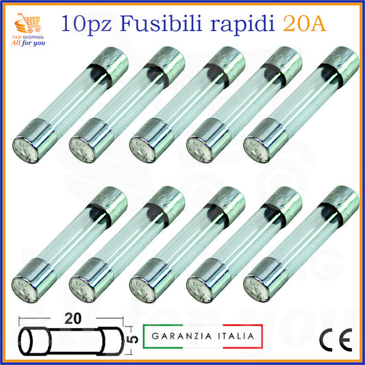 10 fusibili rapidi in vetro cilindrici 5x20mm da 20A 250V con terminali metallici
