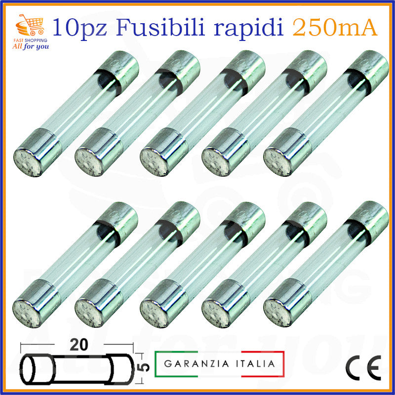 10 fusibili rapidi in vetro 5x20mm 250mA 250V cilindrici tipo F per applicazioni elettroniche