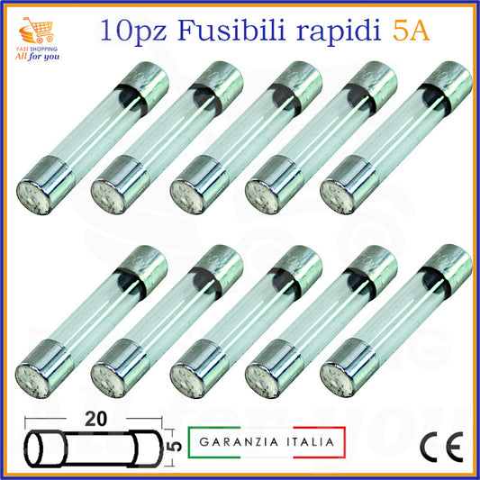 Set da 10 fusibili rapidi 5x20mm in vetro 5A 250V per circuiti elettronici