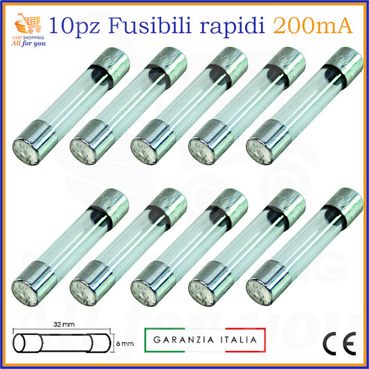10 fusibili rapidi in vetro 6x32mm 0.2A 250V tipo F per protezione elettronica